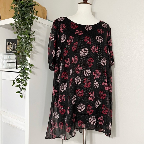 Vince Camuto Sheer Black Pink‎ Floral Tunic Blouse Sparkle Dots Short Sleeve - Picture 2 of 11